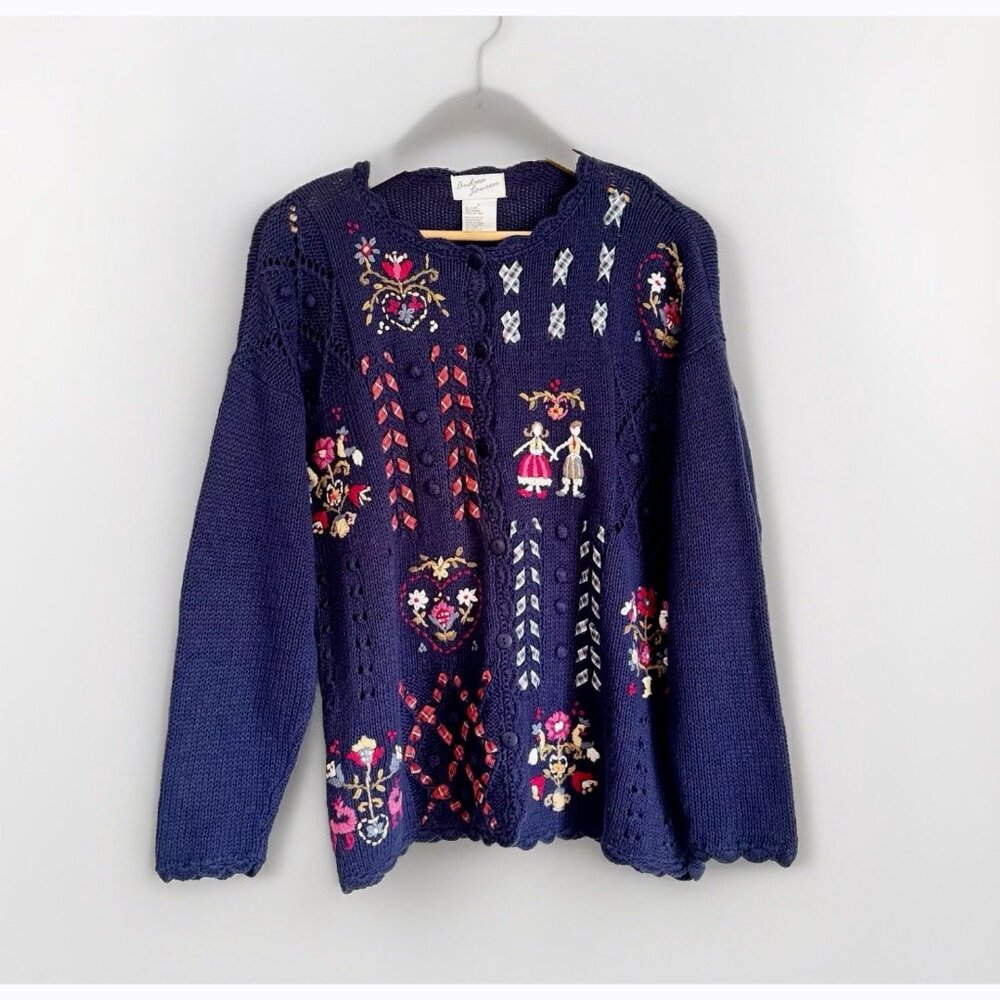 VTG Andrea Lauren Blue Embroidered Cardigan Large Ribbon Heritage Scandi Teacher